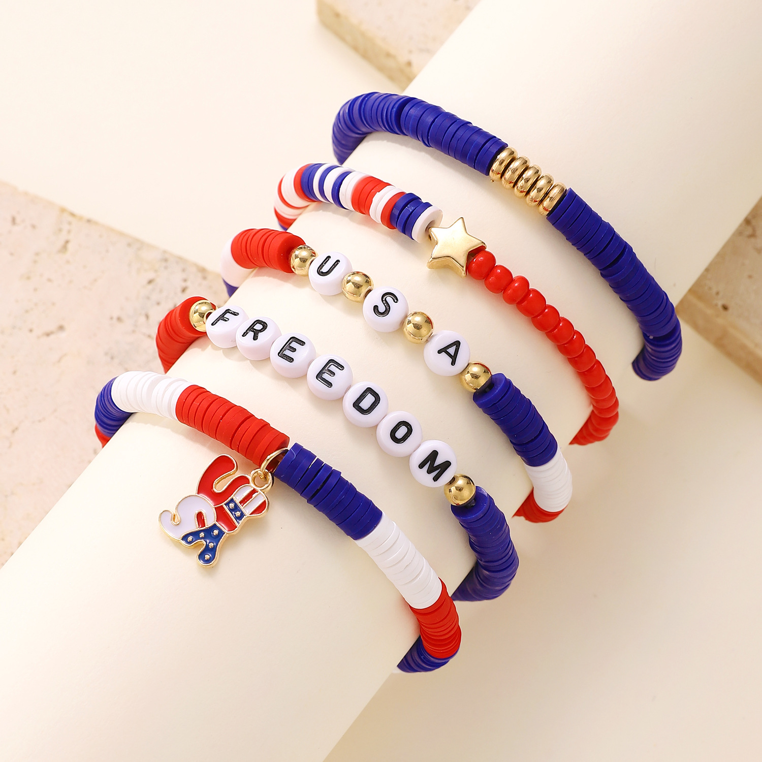 Picture of American Independence Day Bracelet suit Soft Pottery Beaded Letter Bow Love Personalized Fashion Multi-layer Bracelet for Women