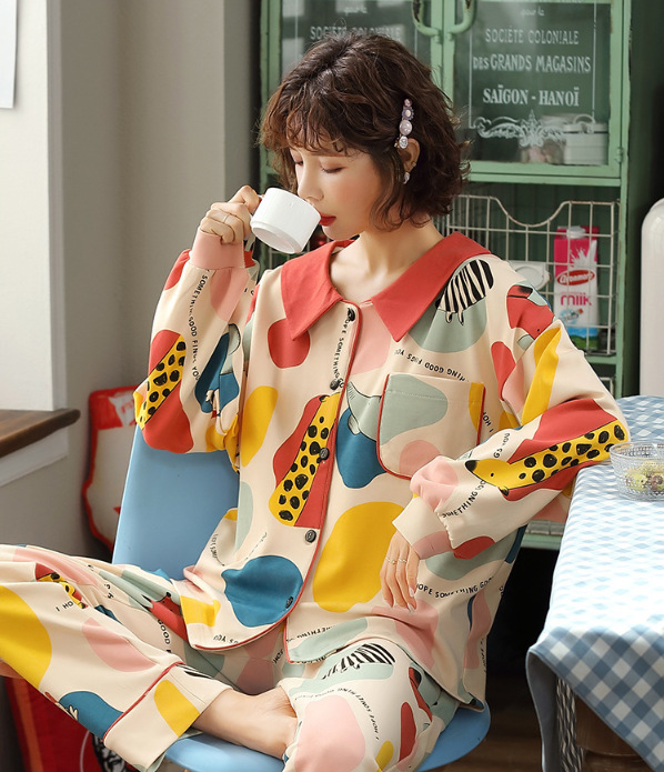 Picture of 100% Pure Cotton Pajamas Women's Long Sleeve Women's Spring and Autumn Cardigan Lapel Pajamas Outwear Winter Home Suit
