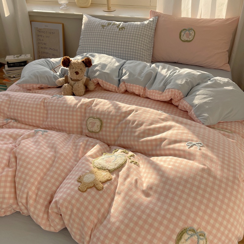 Good Quality Solid Color Plaid Towel Embroidery Four-piece Set Soft Glutinous Wash Cotton Dormitory Super Sweet Cute Double Three-piece Set