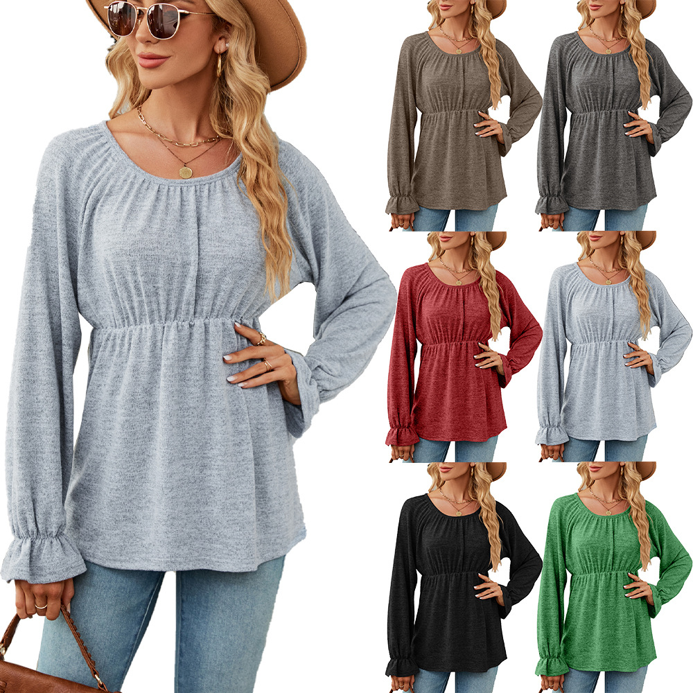 Amazon 2023 Europe and the United States cross-border foreign trade autumn and winter new solid color round neck waist loose long sleeve T-shirt jacket women