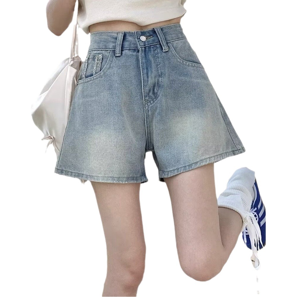 2024 New Hong Kong Style Blue High Waist Straight Jeans Women's Large Size Chubby Girl Slimming Wide Leg Hot Pants Shorts Summer