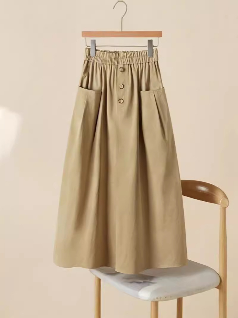 Loose Skirt Women's 2024 Summer Korean Style New Women's Fashion Elastic Waist Workwear Wind Large Pocket Midi Skirt