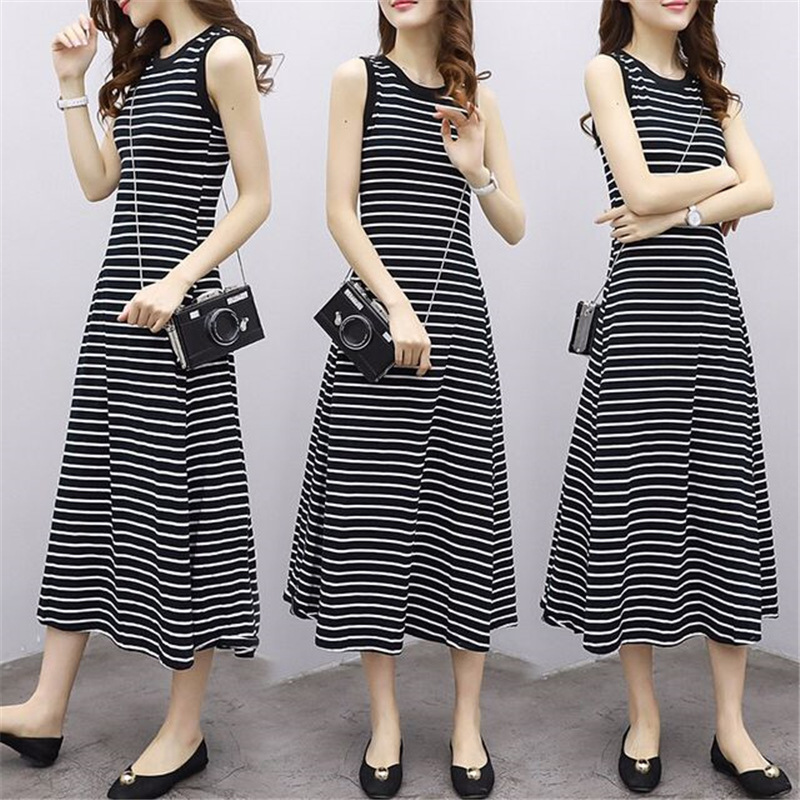 Picture of [Real shot] Korean-style elegant slimming striped dress women's summer retro simple sleeveless vest skirt A- line long skirt