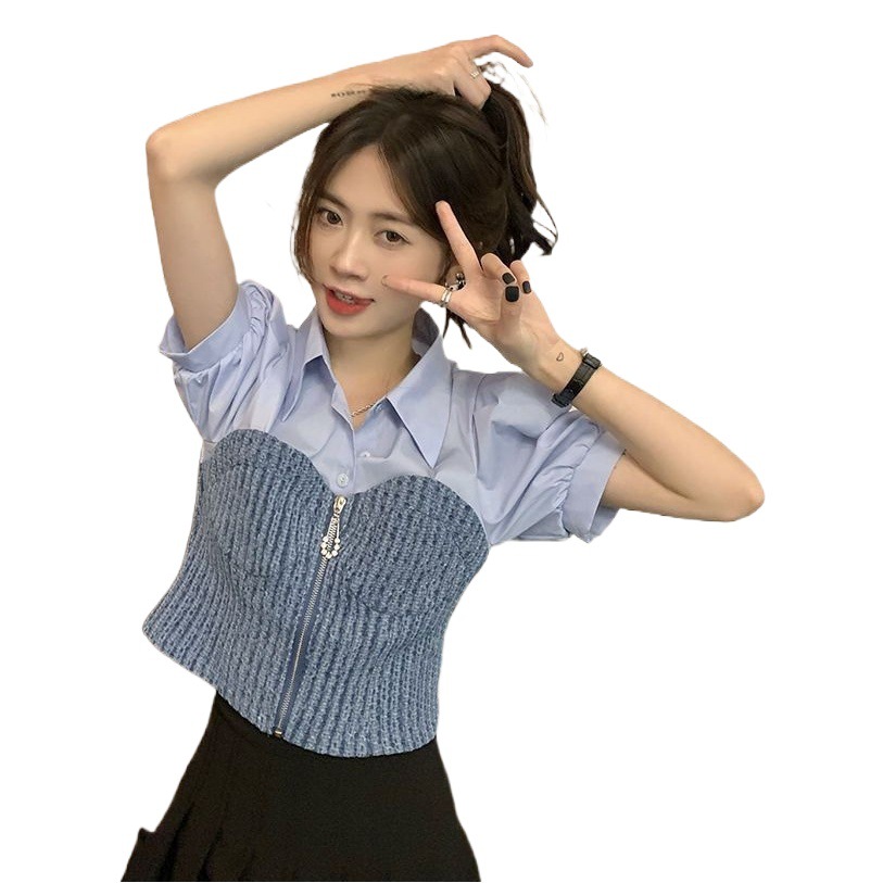 Fashionable Splicing Shirt Women's Design Niche Spring and Summer 2024 New French Slim Short-Sleeved Top 8071
