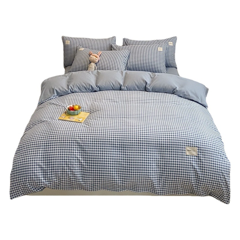 Japanese Style Simple Plaid is Style Water Wash Cotton Four-piece Set Skin-friendly Solid Color Pure Cotton Four-piece Set Bedding