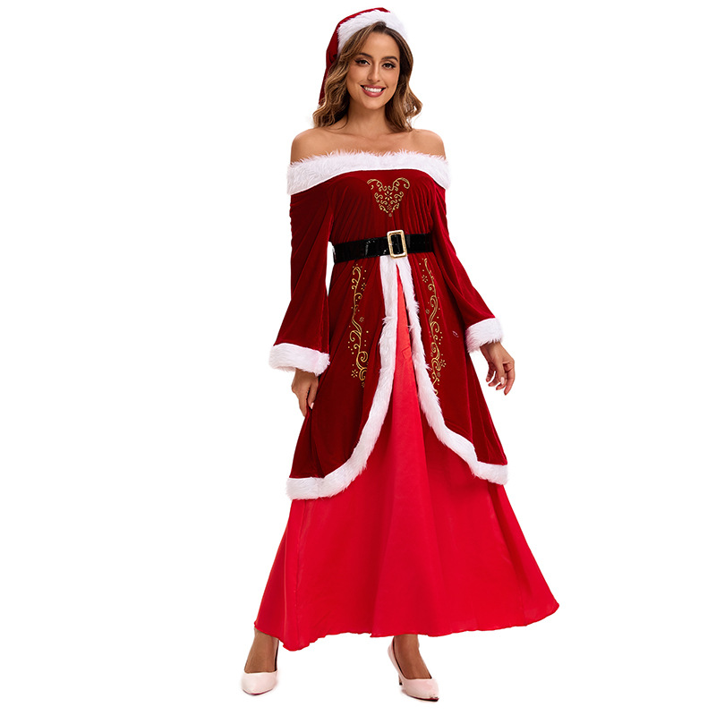Picture of European and American Cross-Border Christmas Clothing Long-Sleeved Women's Christmas Skirt Thickeneded Santa Claus with Shawl Christmas Queen Clothing