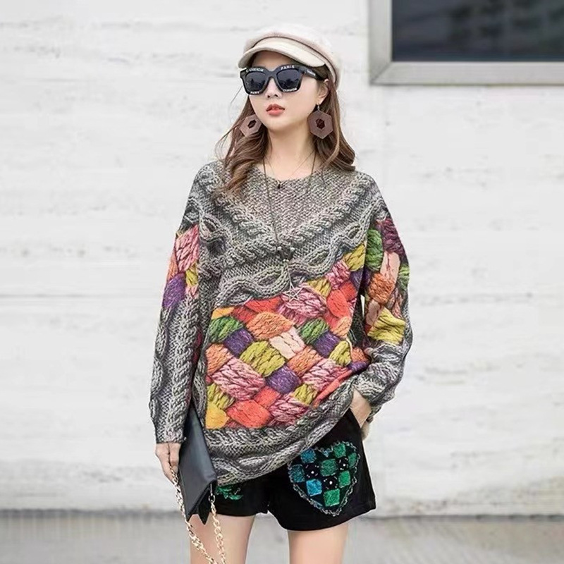 Fashion Retro Heavy Industry Printed Loose Mid-length Sweater Women's 2024 Autumn and Winter New Round Neck Mink Velvet Sweater