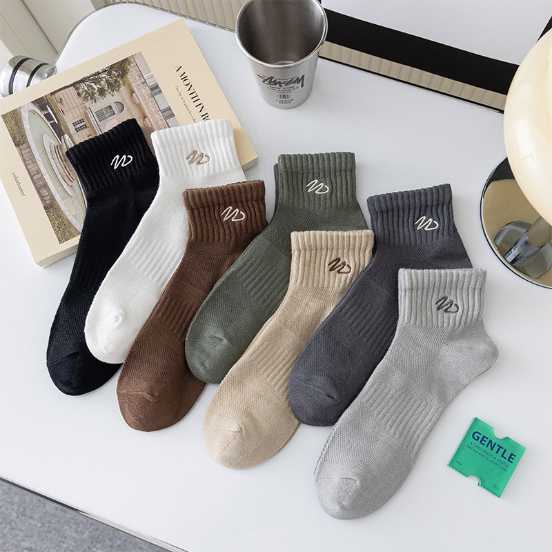 Short socks men's spring and summer embroidery solid color cotton socks low short tube casual mesh socks men's boat Socks spot batch