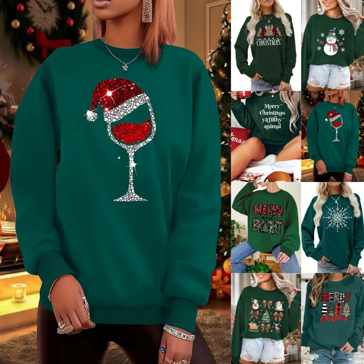 Europe and America Cross-border Top Winter New Women's Letters Round Neck Long Sleeve Loose Casual Christmas Pullover Guard