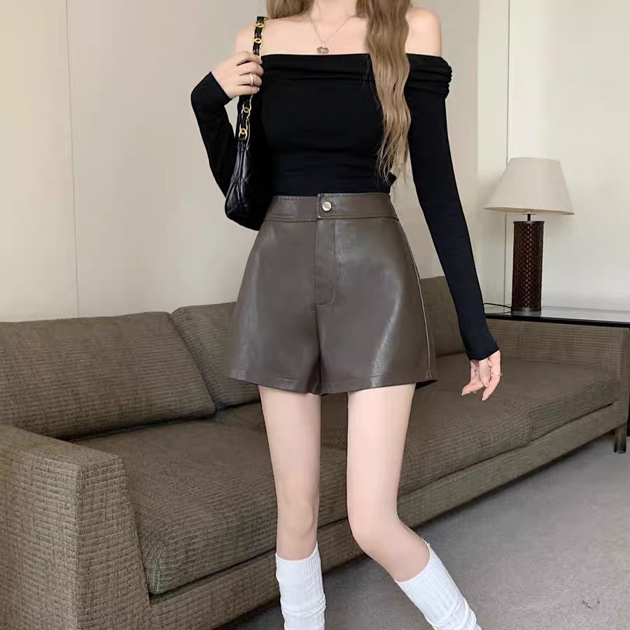 Black PU leather pants women's autumn and winter hot girl high waist slimming elegant socialite A- line casual wide leg shorts outer wear boot pants