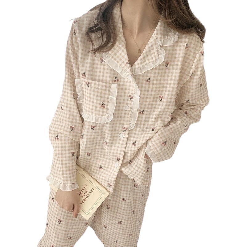 Spring and Autumn Lace Pajamas for Women, Apricot Plaid Cherry Long-Sleeved Loose Cardigan That Can Be Worn Outside, Home Clothes Set Wholesale