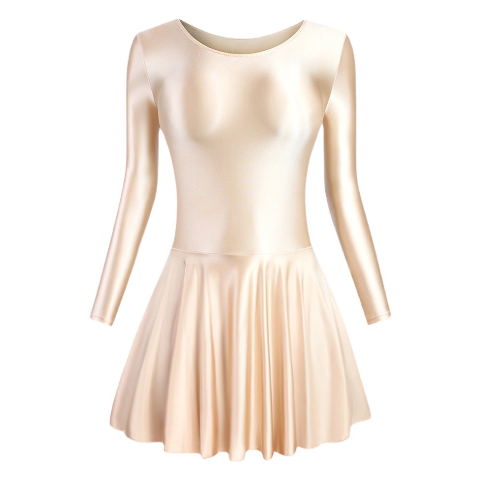 Glossy Silky Slim Tight Dress Art Gymnastics Dress Sports Yoga Ballet Dress Long Sleeve Body Dress