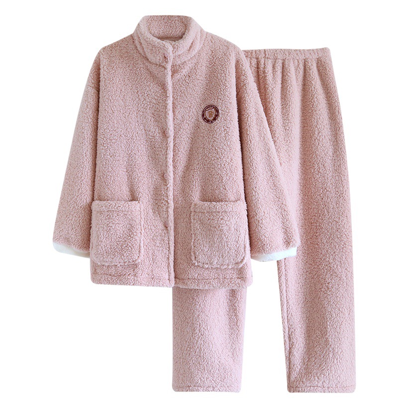 Women's winter New flannel pajamas thickened cardigan stand collar casual home wear warm long sleeve trousers suit
