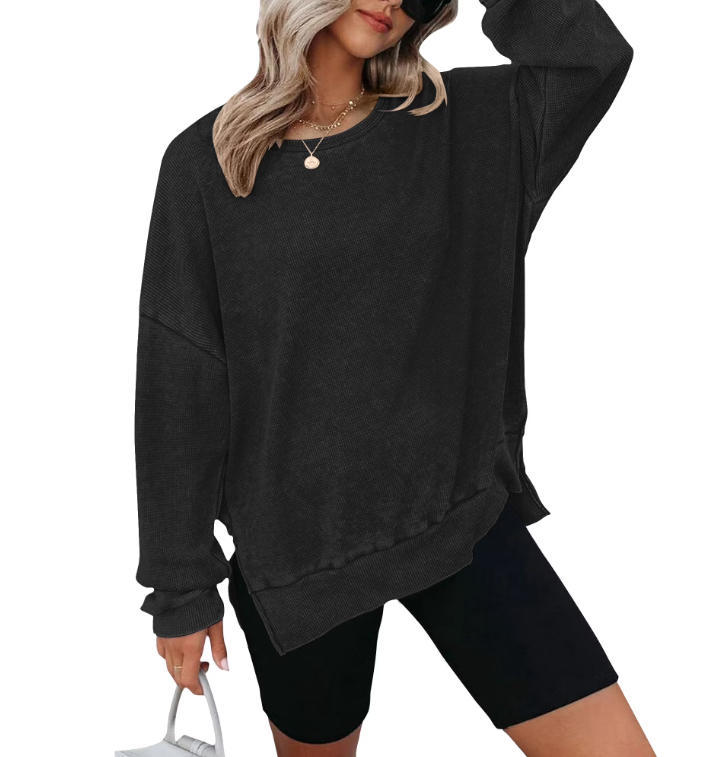 Picture of 2025 European and American Cross-Border Women's Clothing Amazon Autum New Round Neck Long-Sleeved Side Slit Waffle Sweatshirt T-Shirt for Women