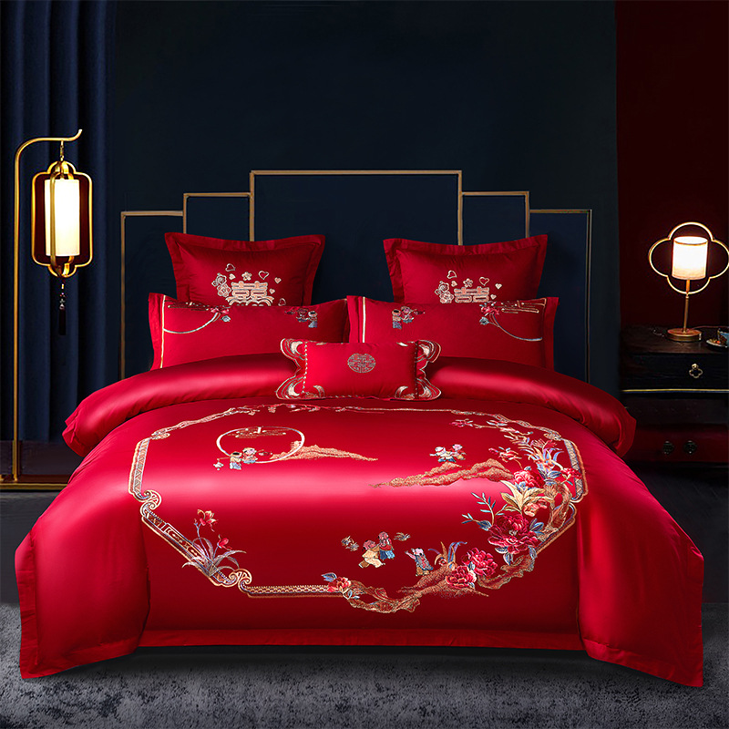Picture of Wedding Four-Piece Set Embroidered Wedding Pure Cotton Bright Red Wedding Room Embroidered Bedding Quilt Bedding