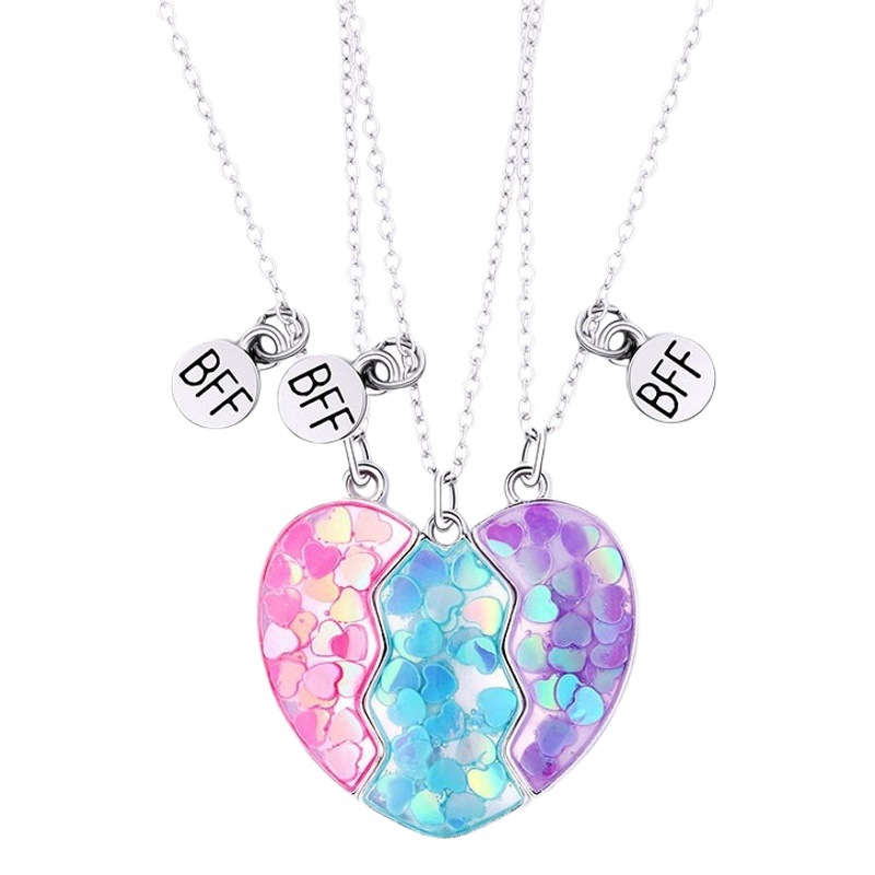 Cross-Border best friend three-person girlfriends children's necklace alloy sequins love pendant magnet stone necklace set