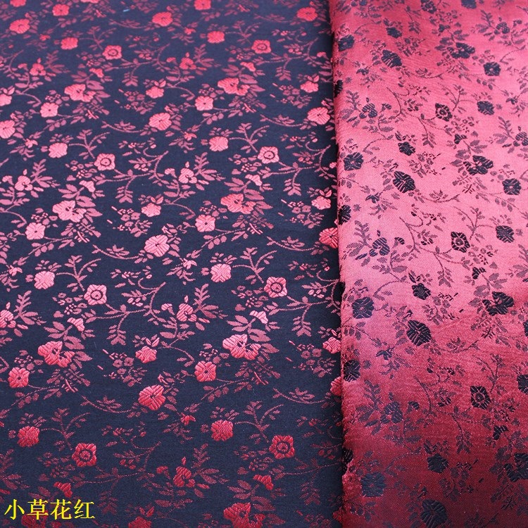 Picture of Black Background with Small Red Flowers Jacquard Fabric, Black Rayon Small Flower Shoes, Hats, Bags, Clothing Fabric, Jacquard Fabric