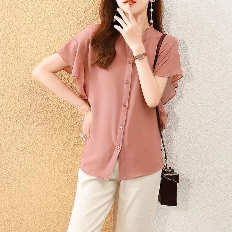 Picture of 2022 summer new western style all-match chiffon shirt flying sleeves solid color shirt beautiful loose thin slimming top