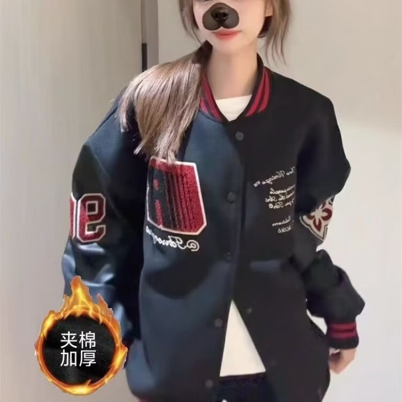 Picture of American-style High Street Letter Embroidered Baseball Suit Coat Women's Autumn and Winter Contrast Loose Jacket Couple's Top