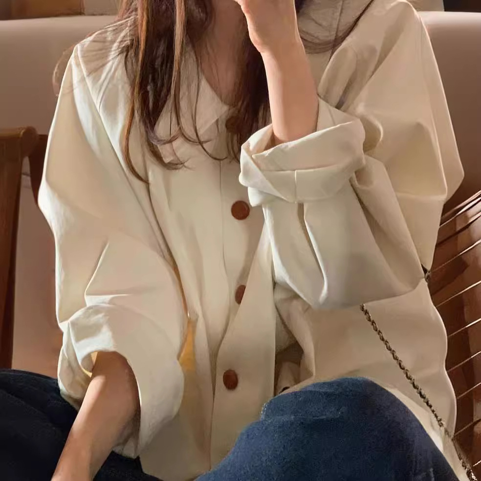 Picture of South Korea chic Spring and Autumn French simple lapel oversize loose casual solid color all-match long sleeve shirt top