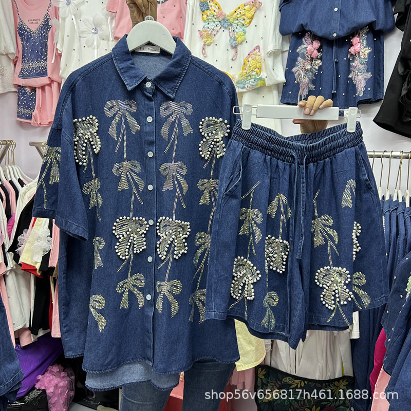 European Heavy-Duty Beaded Rhinestone Bow Denim Shirt Top + Denim Wide-Leg Shorts Two-Piece Set