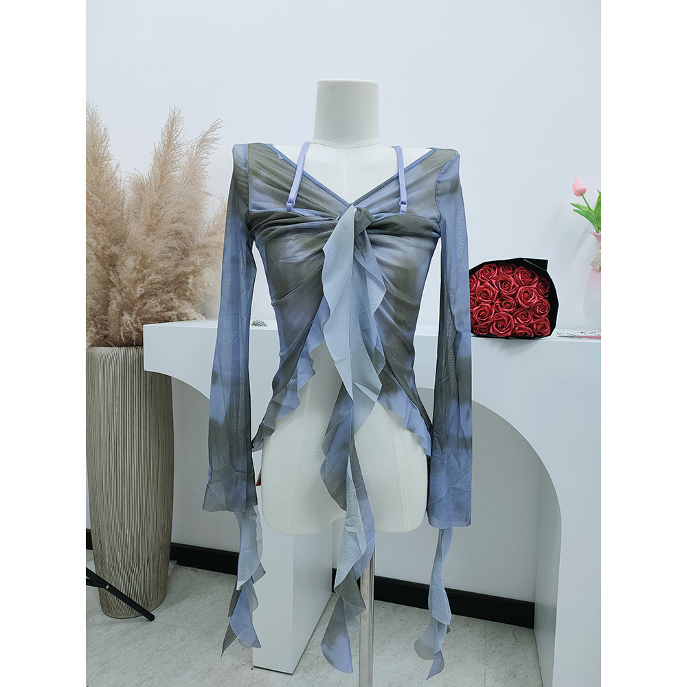 Picture of Sexy Tie-Dye Printed Ruffle Mesh T-Shirt Women's 2024 Autumn and Winter New V-Neck Strap Irregular Spice Top