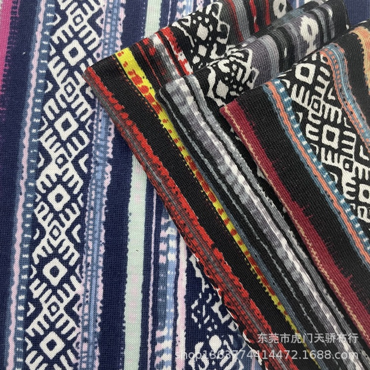In stock supply knitted polyester single-sided Jersey ethnic style printed fabric knitted 32 imitation cotton pull frame Jersey printing