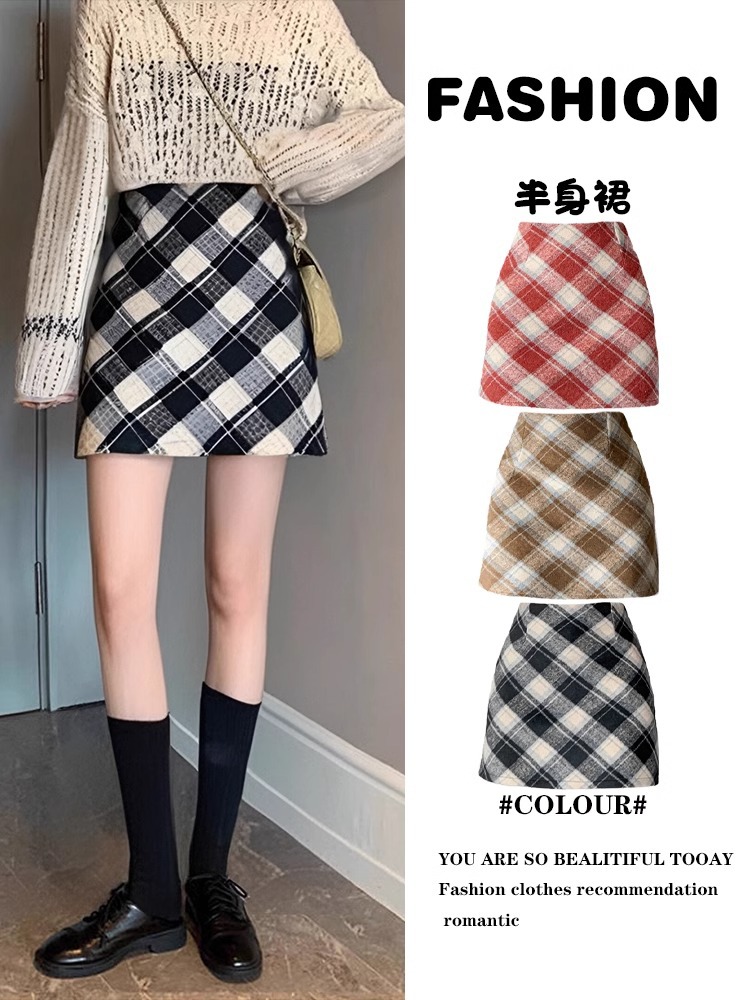 plus size Women's Wool Plaid Skirt Women's Autumn and Winter New Arrival Small Winter Hip A- Line Short Skirt