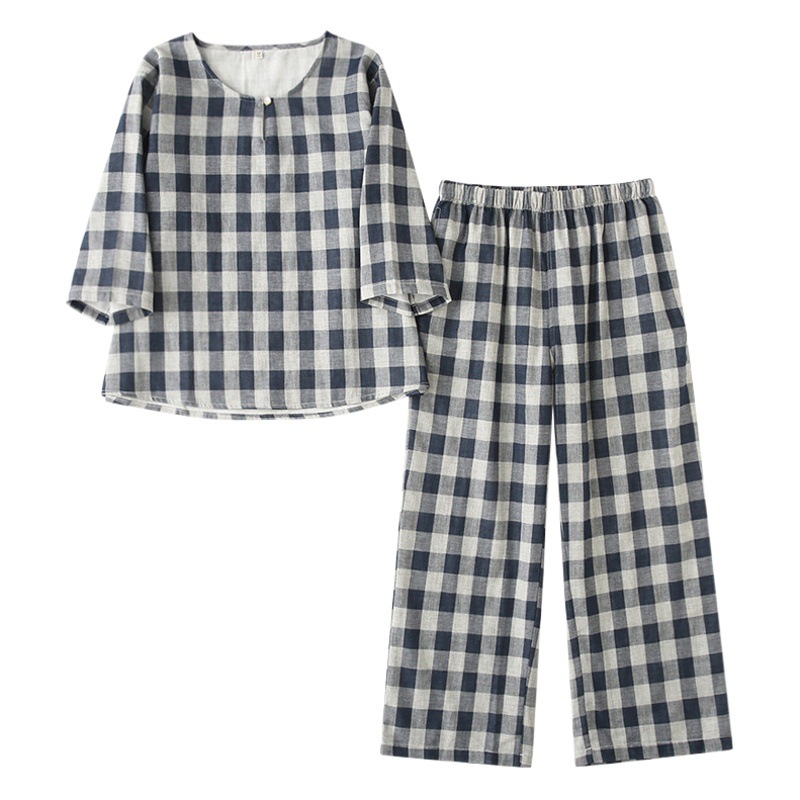 Women's Pure Cotton Pajamas Set, Double-Layer Gauze, Round Neck Pullover, Plaid, Loose, Plus Size Loungewear, Girly Style