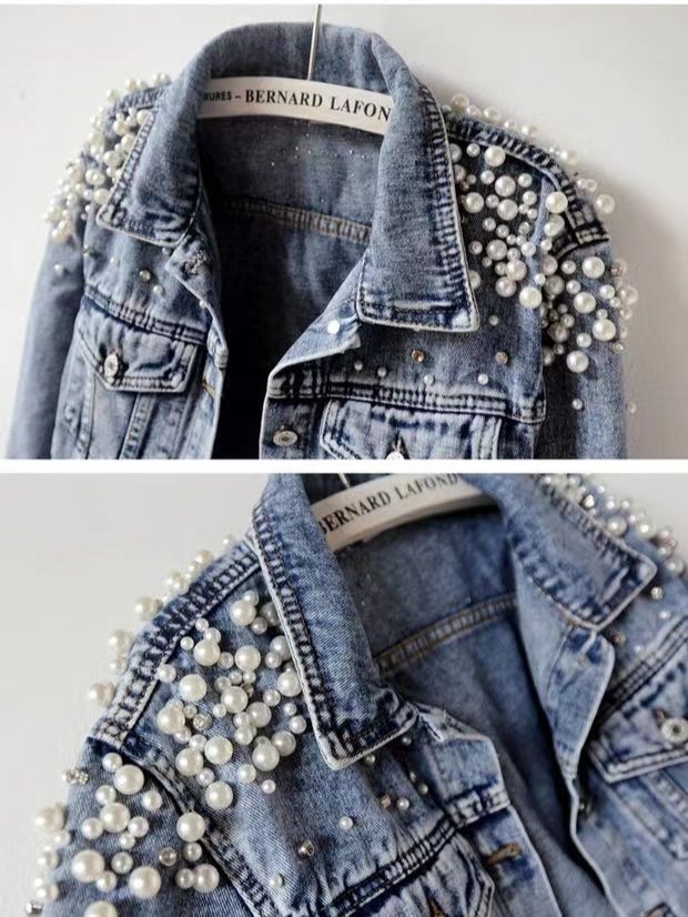 Picture of Jiakun Spring and Autumn Korean Fashion Beaded Short Denim Coat Women's Long Sleeve Jacket Shoulder Jacket Fashionable Beaded Beads
