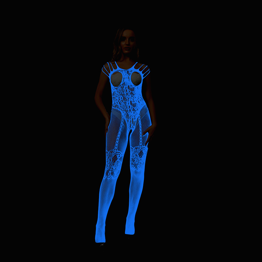 Blue light foreign trade sexy underwear luminous hollow luminous hanging sexy conjoined jacquard mesh open file yg489