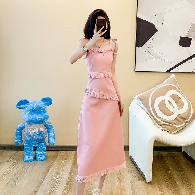 Pink Age-Reducing Denim Suspender Skirt Cross-Border Women's Summer New High-Waisted Elegant Slimming Look A-Line Dress