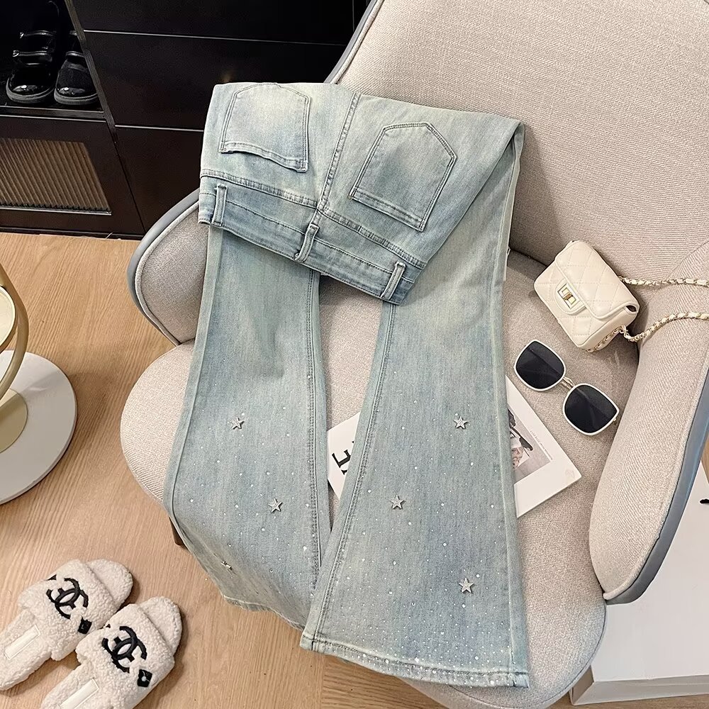 Fashion Diamond-encrusted Autumn High Waist Slimming Small Design Sense Niche Floor-mopping Horn Pants Micro Horn Jeans for Women