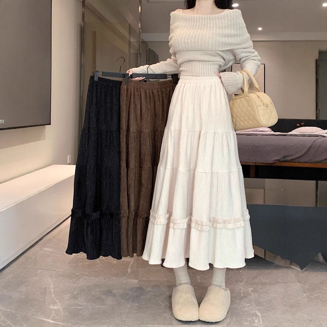 Lace Skirt Women's Autumn and Winter 2024 New High Waist Slimming Mid-length A- line Skirt