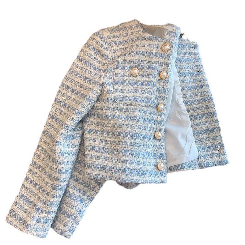 Picture of Blue Tweed Jacket for Women 2025 Spring and Autumn French Style Elegant Pearl Button Tweed Short Jacket