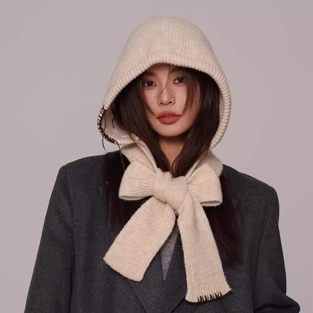 Senior Balaclava Hat Women's Outer Lace Solid Color Knitted Warm Ear Wool Hat Autumn and Winter New