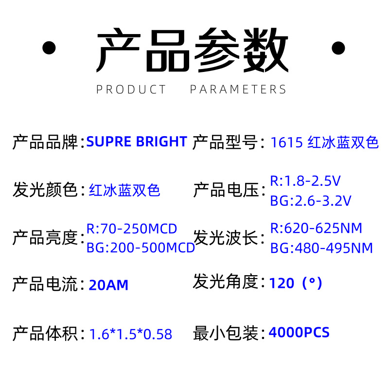 Picture of SMD LED 1615 red ice blue two-color highlight 0603 red ice blue two-color SMD LED