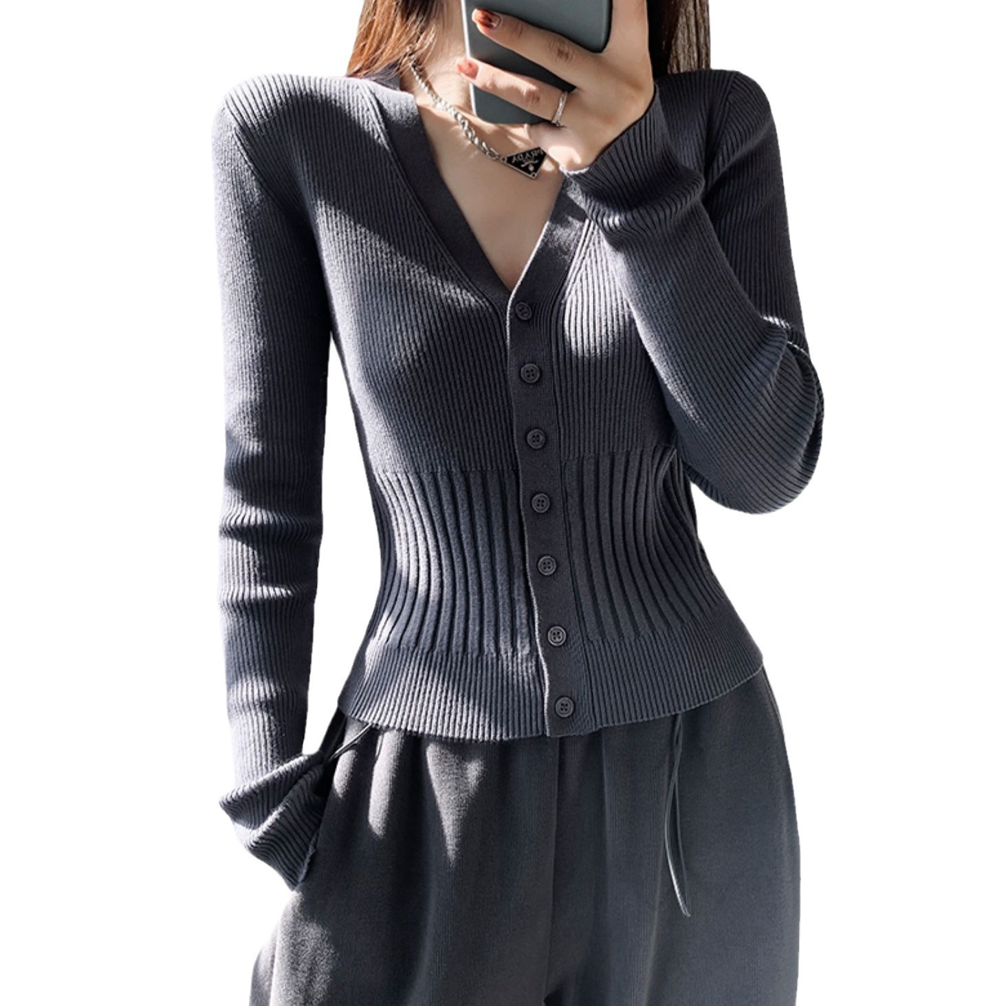 Picture of American V Neck Knitted Cardigan Female Internet Celebrity Spring & Fall Elastic Single-Breasted Sweater Sexy High-Waisted Short Crop Top