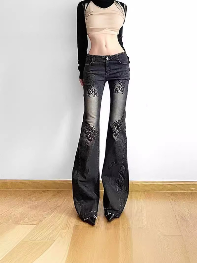 American Retro High Street Plant Print Washed Jeans 2024 Autumn Vintage Low-Rise Flared Pants Sexy Hot Girl