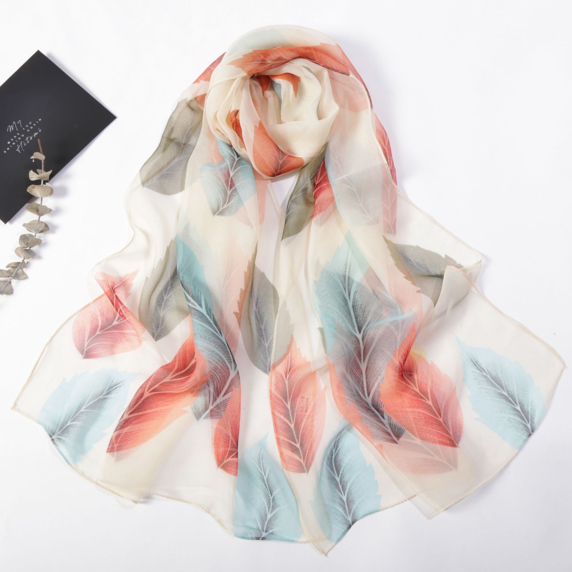 Korean version of silk scarf wholesale Women's colorful leaf thin long chiffon decorative silky elegant black dance shawl