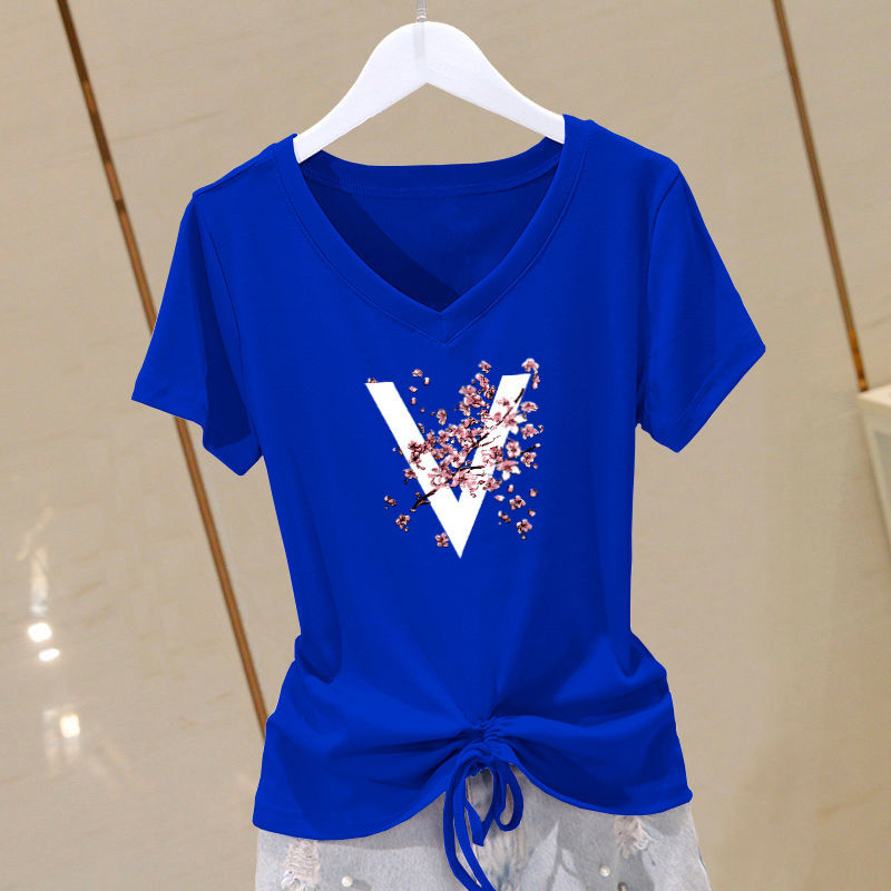 Pure Cotton Klein Blue V-Neck Drawstring Short-Sleeved T-Shirt for Women Summer New Style Asymmetrical Sweetheart Collar Printed T-Shirt Top