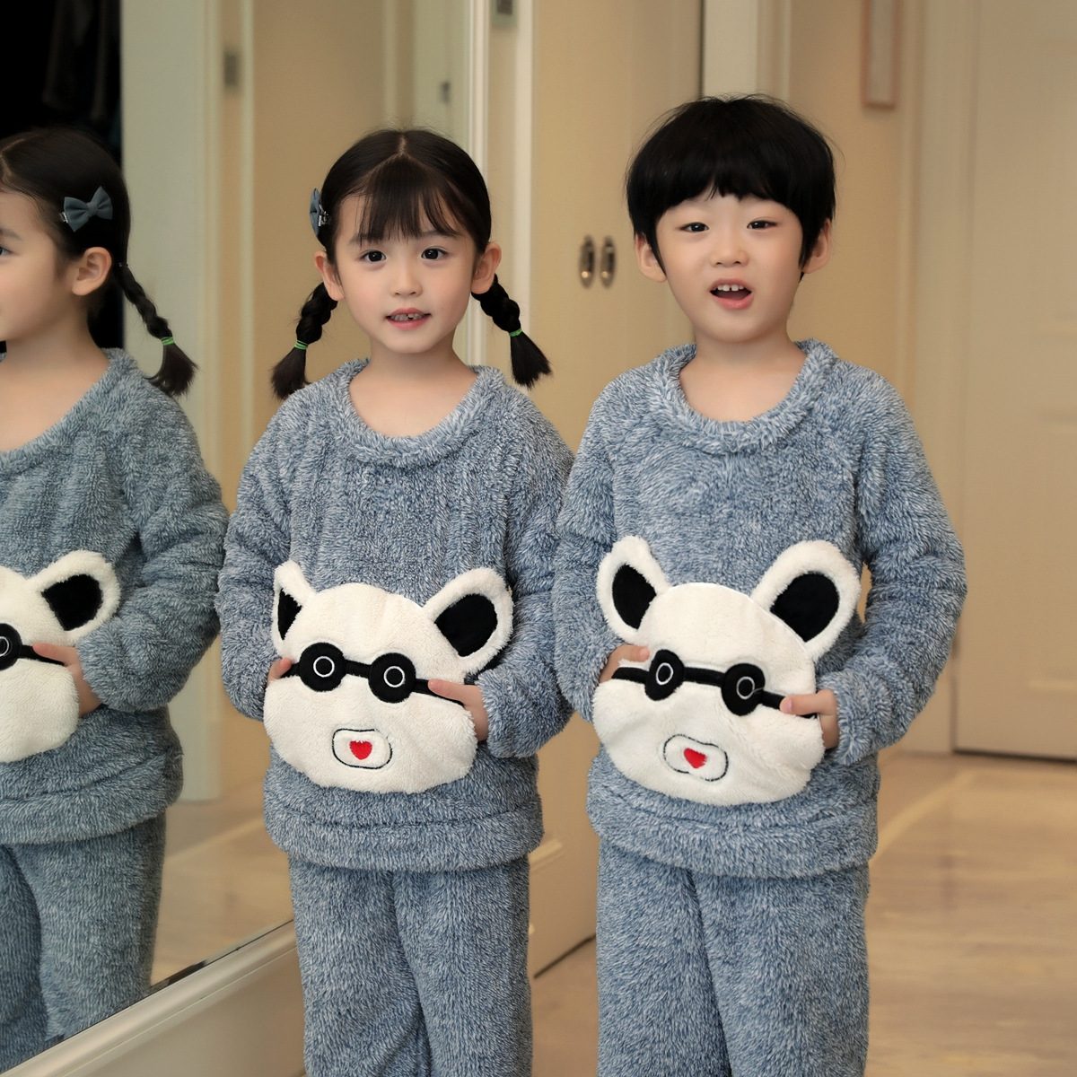 Children's Pajamas Winter Flannel Cute Boys' and Girls' Thickened Coral Fleece Plush Home Clothes