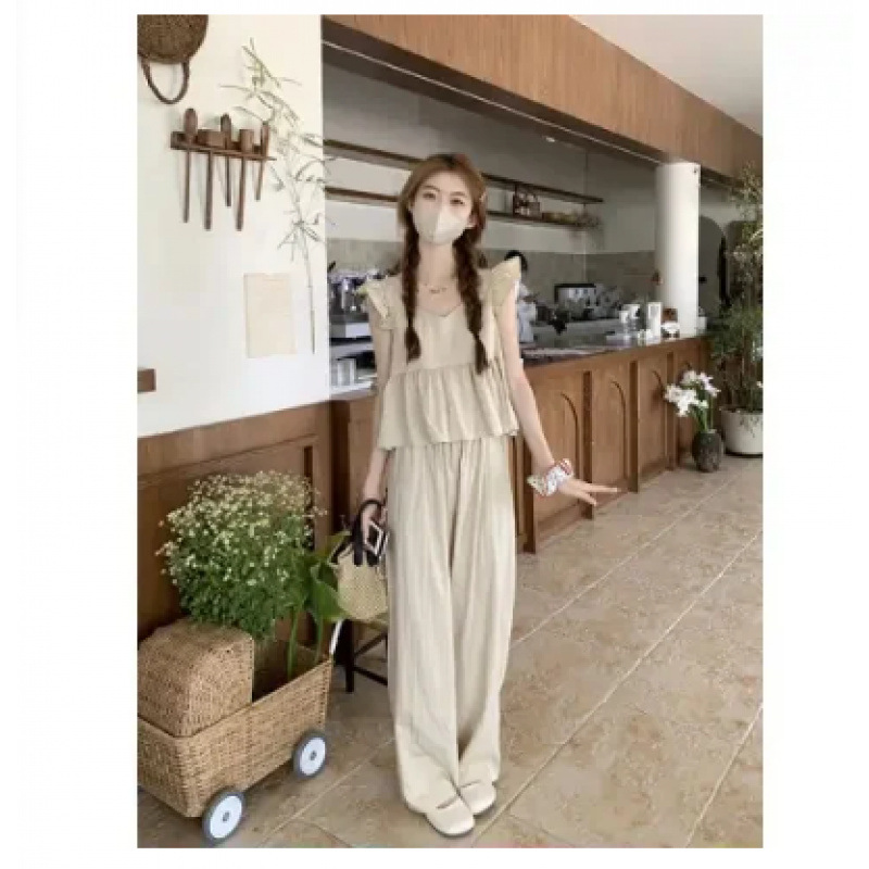 Salt Wearing Small Fly Sleeve Short Doll Shirt Top High Waist Casual Wide Leg Pants Women's Summer New Fashion suit