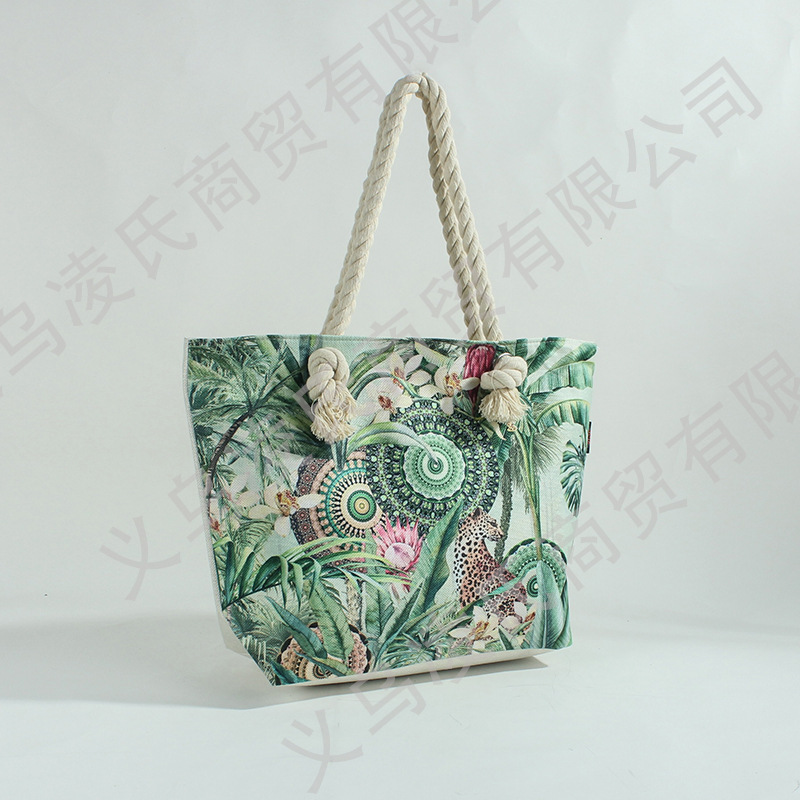 Cross-border Large Capacity Coarse Rope Canvas Beach Bag Women's Casual Fashion Travel Shopping Tote Printed Shoulder Bag