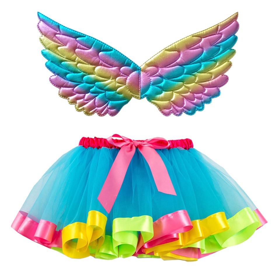 Mesh Rainbow Skirt Lined with Colorful Wings tutu Skirt Kindergarten Girl's Performance Tapered Skirt Princess Skirt