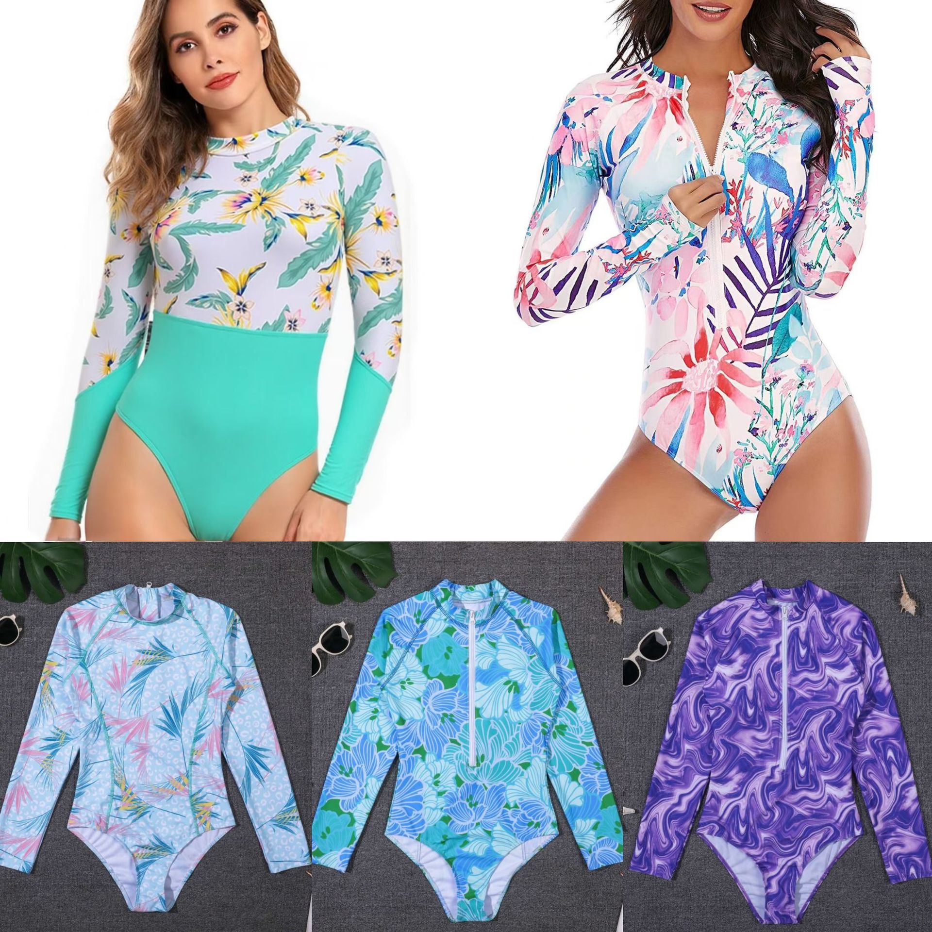 2025 New Style Fresh Long-Sleeve Sports Cross-Border Foreign Trade Sporty Printed Conservative Surf Swimsuit