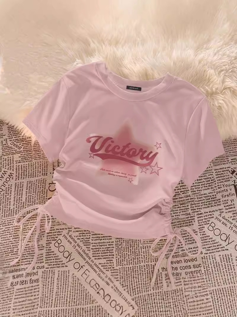 Dopamine Short Drawstring Short-sleeved T-shirt for Women Summer New Sexy Round Neck Print Design Niche Versatile Top