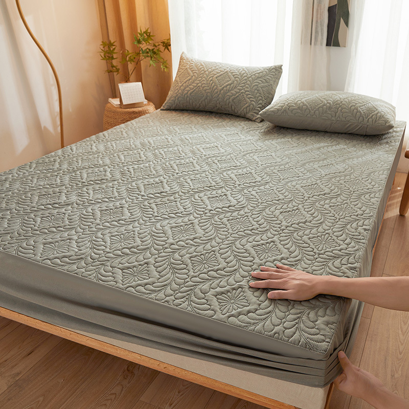 New Cross-Border Quilted Solid Color Waterproof Fitted Sheet, Comfortable Brushed Mattress Protector, Ultrasonic Quilted Sheet