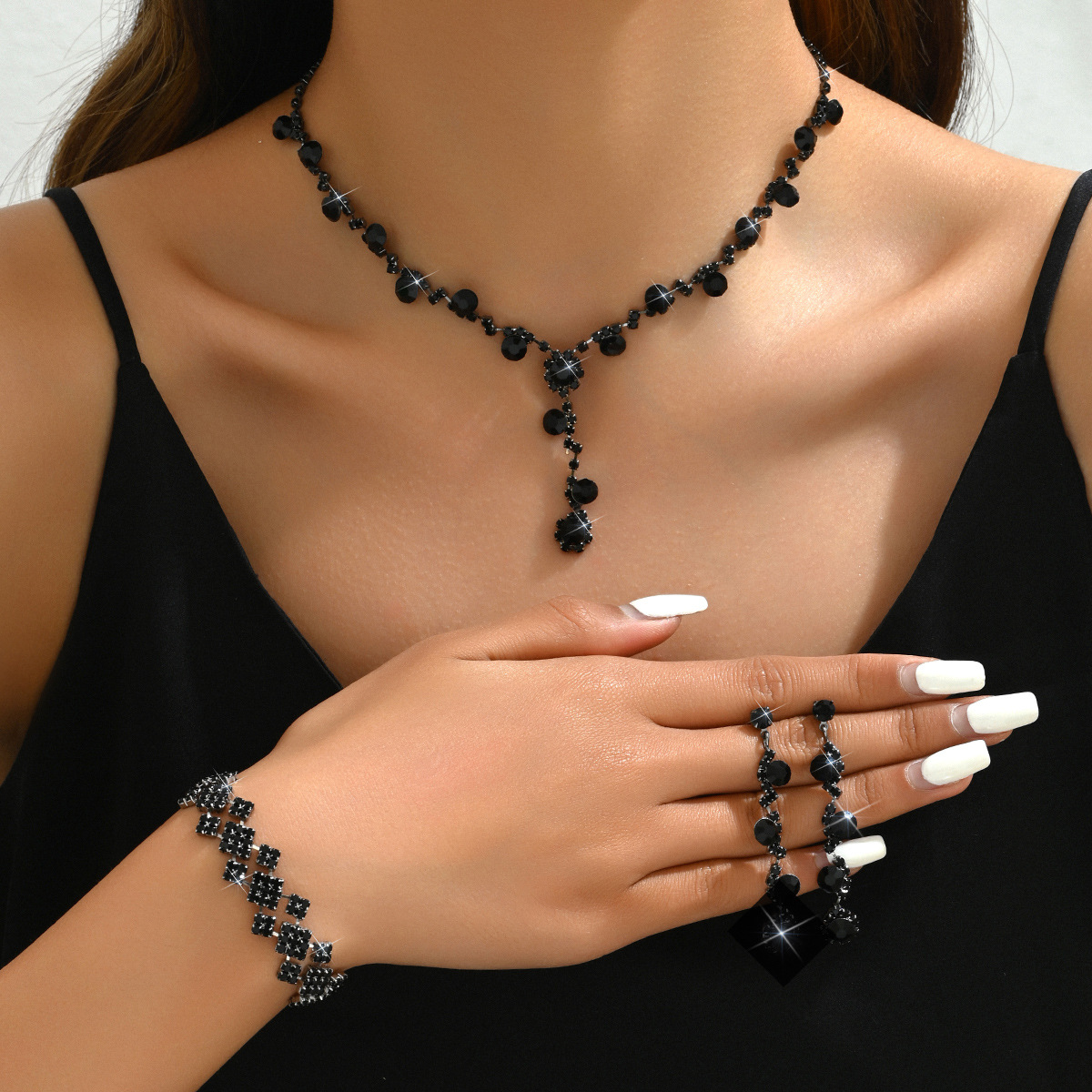 2025 cross-border rhinestone jewelry necklace earring bracelet three-piece jewelry accessories bridal wedding jewelry all-match