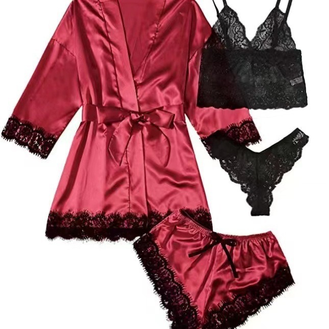 New European and American Women's Home Wear Pajamas 4-Piece Set Lace Satin Suspenders Women's Summer Suit Nightgown Shorts Wholesale